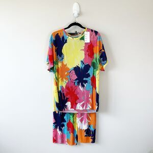 Women’s 2 Piece Set Pleated Blouse Wide Leg Pants Floral Multicolor Size XL NWTs